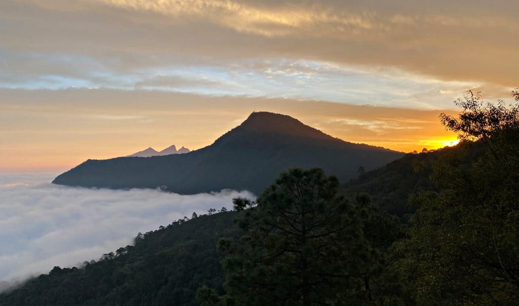 El Pinal silhouetted at sunrise above a sea of clouds, seen from the approach trail in Chipinque.