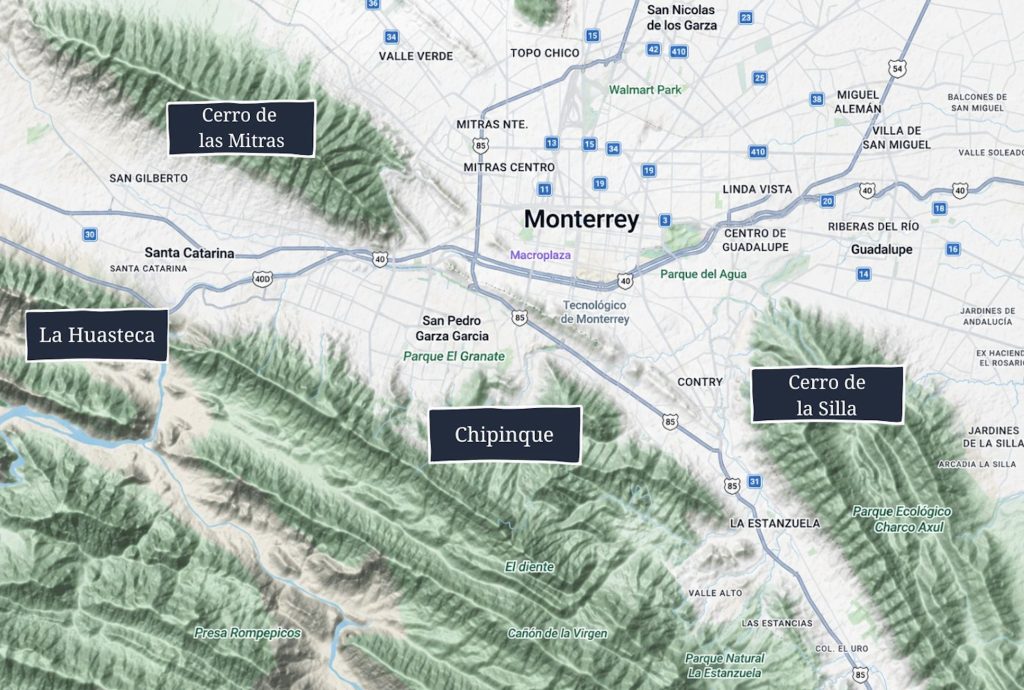 Map of Monterrey with the four main mountain ranges labelled.